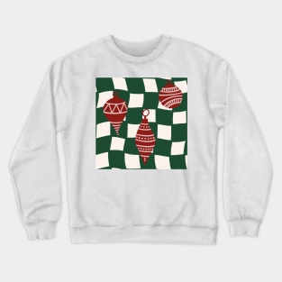 Abstract Checker Board with Christmas Tree Ornaments Cranberry Red and Forest Green Crewneck Sweatshirt